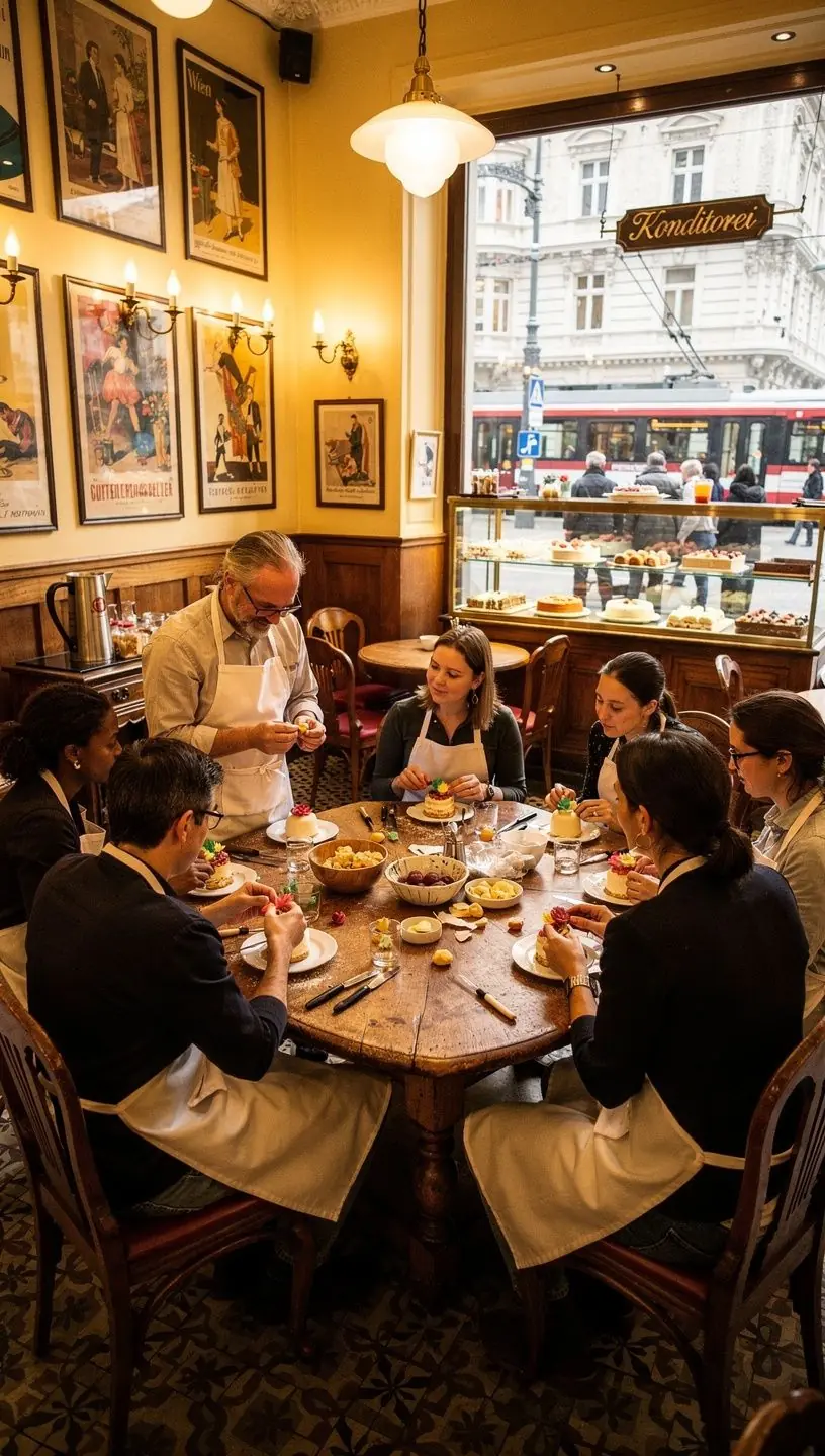Ein Konditor, der mit Präzision die Schokoladenglasur auf eine Sachertorte aufträgt.