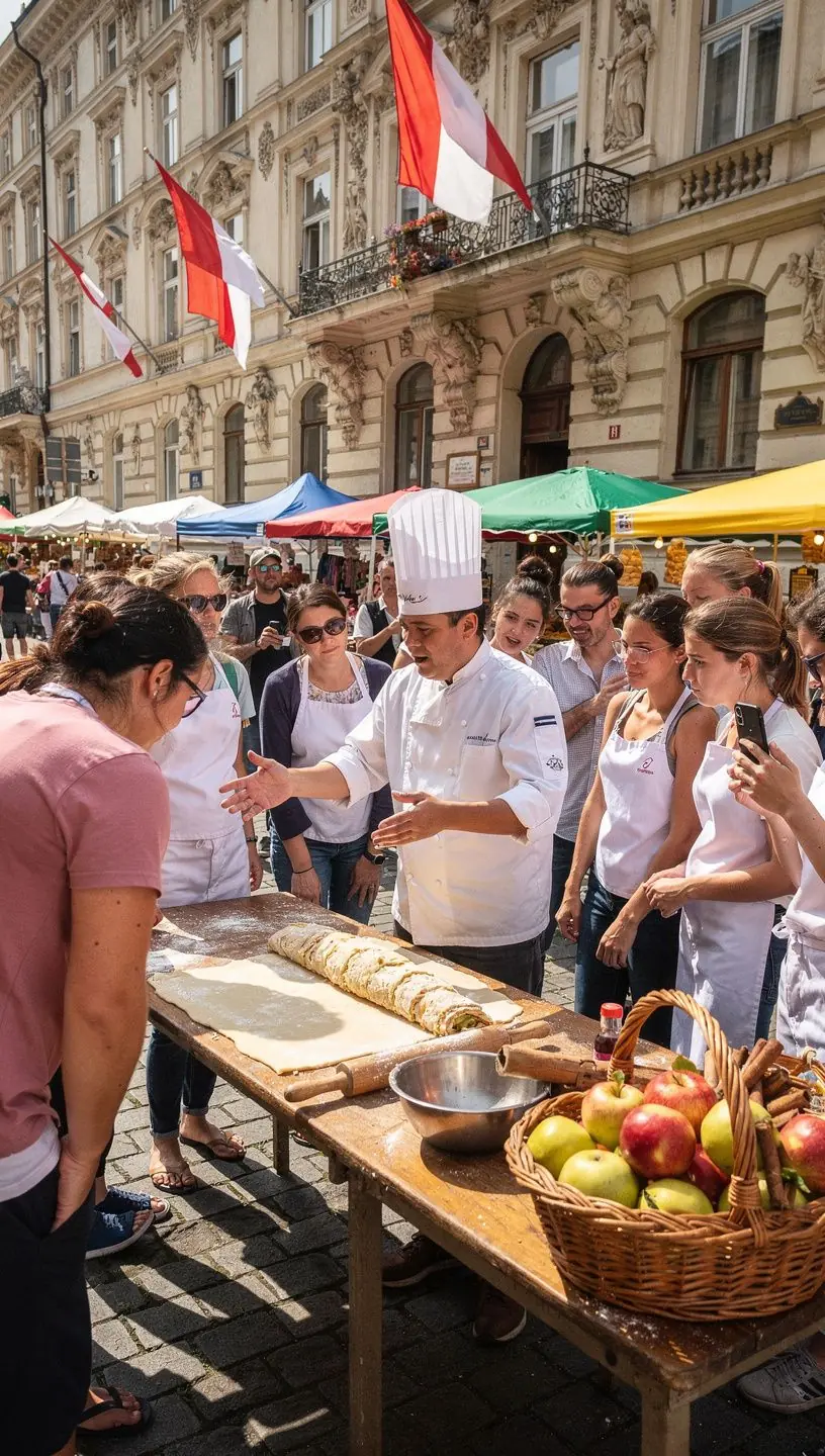 Eine Gruppe von Schülern in einer Backschule, die gemeinsam an einem Tisch klassische österreichische Desserts zubereiten.