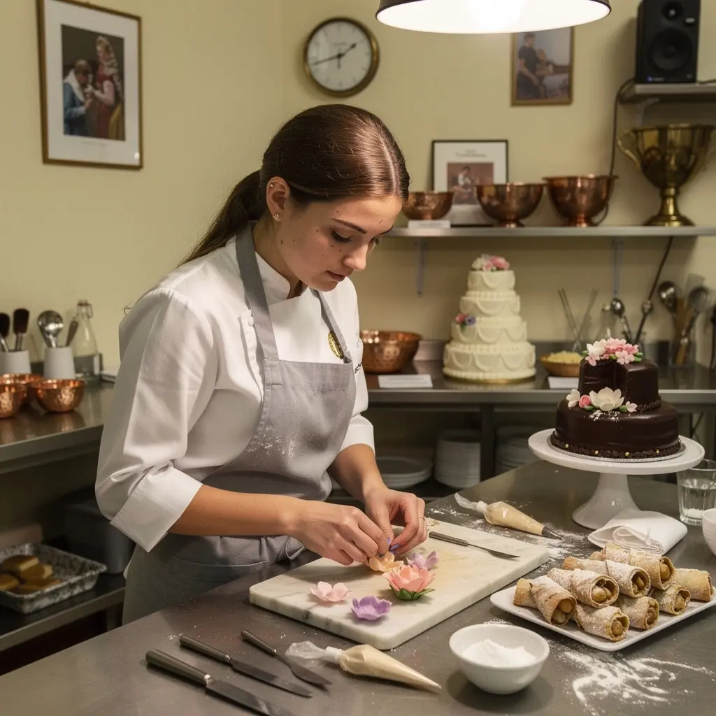 Ein Kursraum mit begeisterten Schülern, die unter Anleitung eines Meisters die Zubereitung von Sachertorte erlernen.