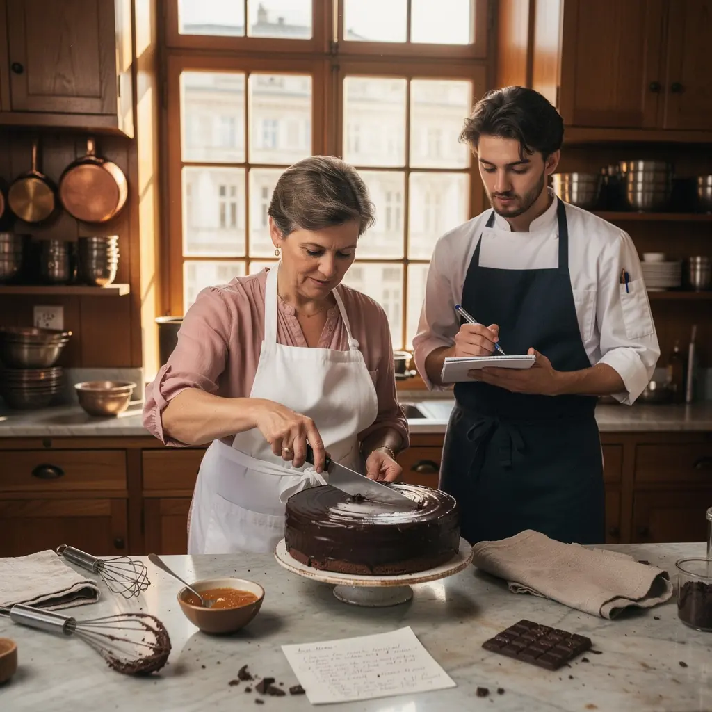 Ein frisch gebackenes Stück Sachertorte auf einem eleganten Teller, umgeben von einer Schokoladensauce.