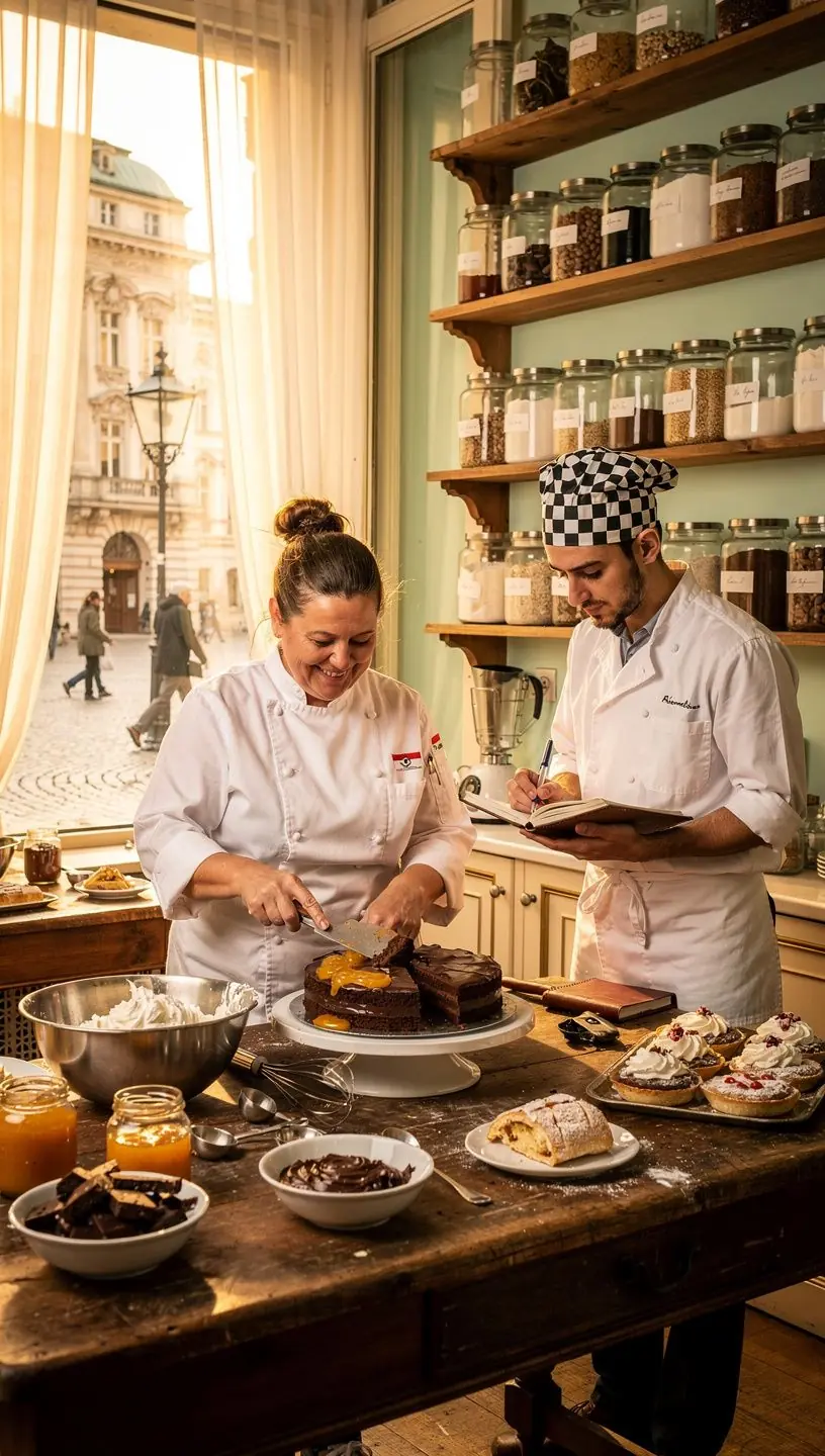 Ein klassisches Stück Sachertorte, elegant auf einem Teller präsentiert, umgeben von Schlagsahne.