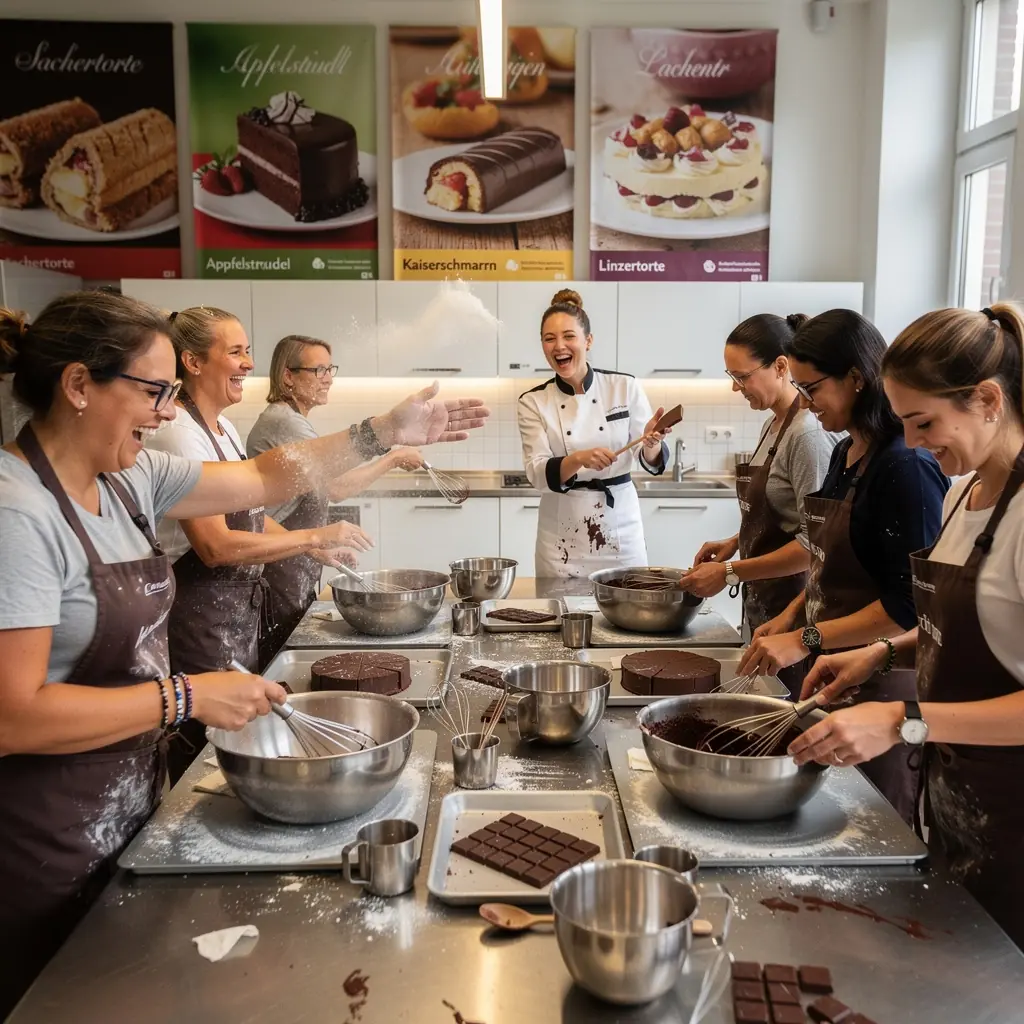 Eine Gruppe von Schülern in der Konditoreischule, die gemeinsam das Rezept für eine klassische österreichische Nachspeise erarbeiten.
