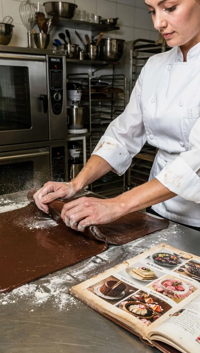 Ein Detailbild von den Zutaten für die Sachertorte, darunter hochwertige Schokolade, Butter und frische Eier auf einem Holztisch.