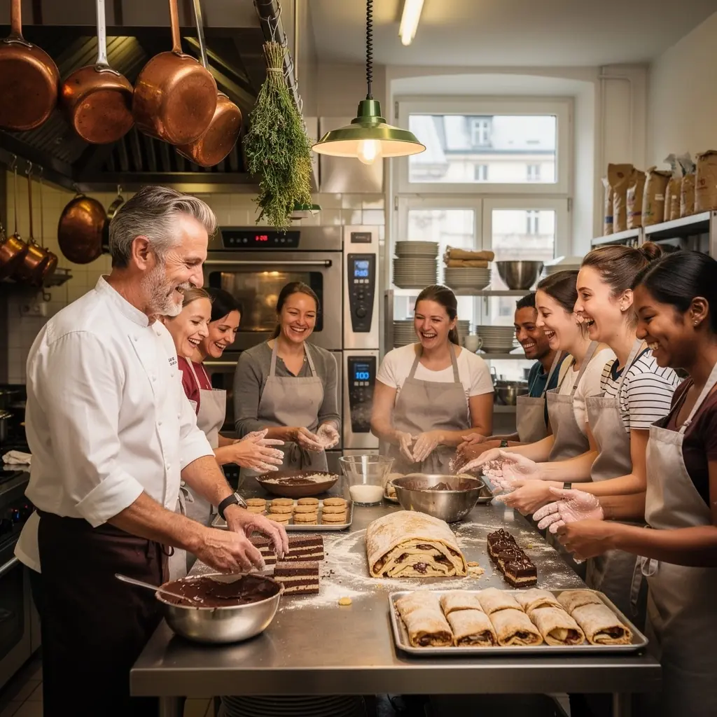 Ein frisch gebackenes StГјck Sachertorte, dekoriert mit Schokoladenglasur und einer Prise Puderzucker.