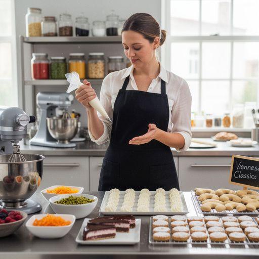 Schritt-für-Schritt-Anleitung zur Herstellung einer perfekten Sachertorte, mit Zutaten auf einem Holzarbeitsplatz ausgebreitet.